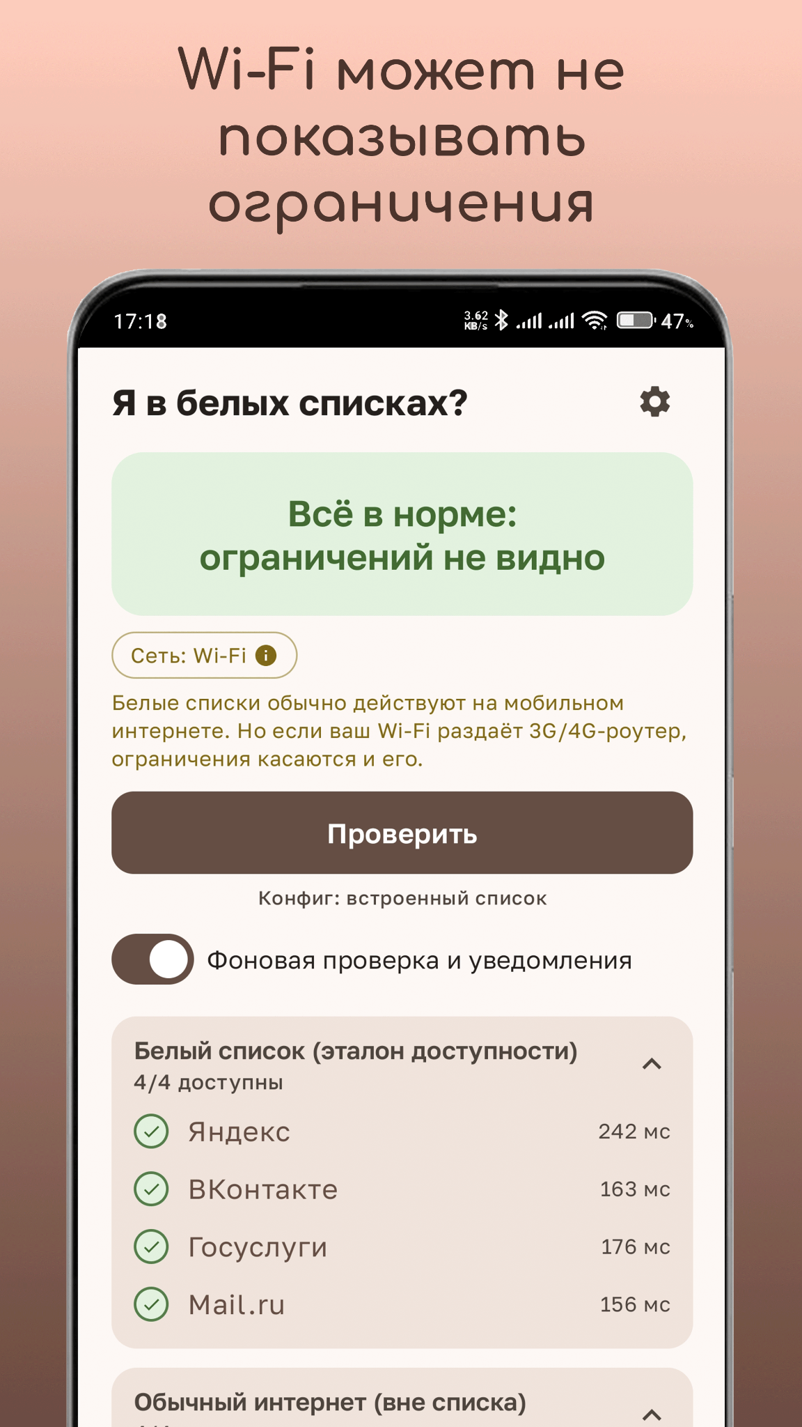 Предупреждение об особенностях проверки через Wi-Fi